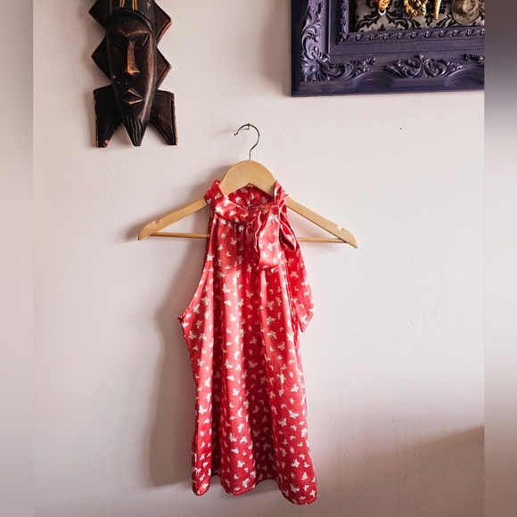 Rose pink white butterfly printed palette tip tie bow sleeveless shirt women's S - Picture 3 of 7